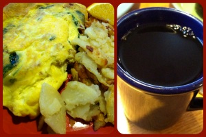 Spinach-bacon omelette and coffee!